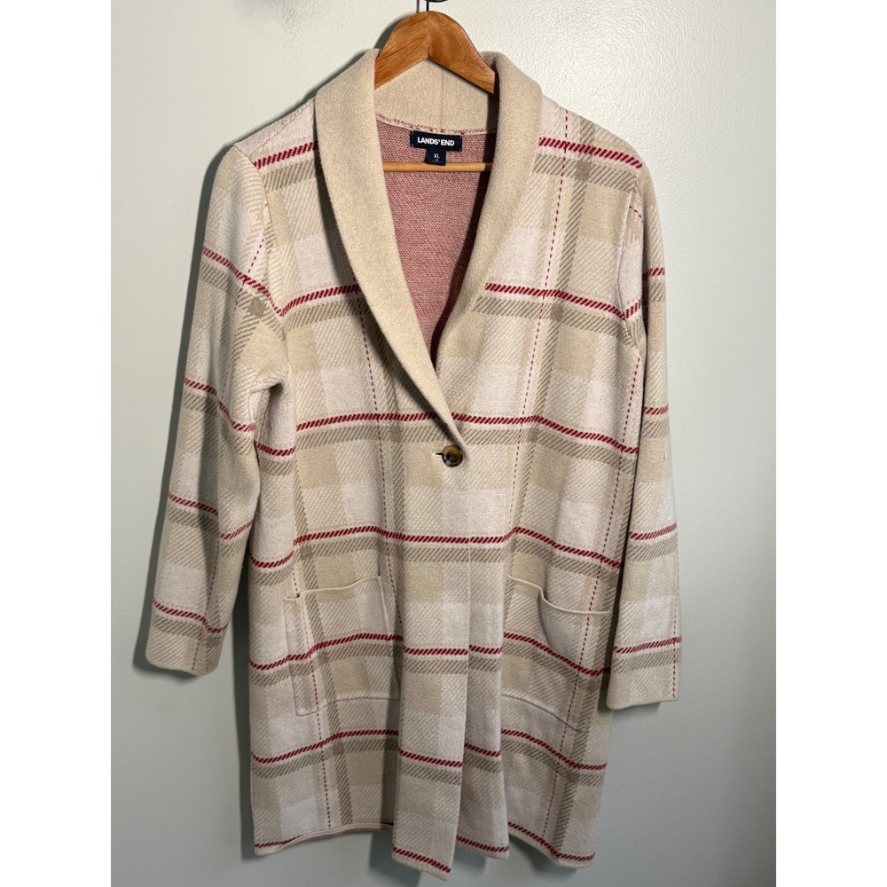 Lands End Womens XL Plaid Shawl Collar Cardigan Sweater Coat Cream Red Tan